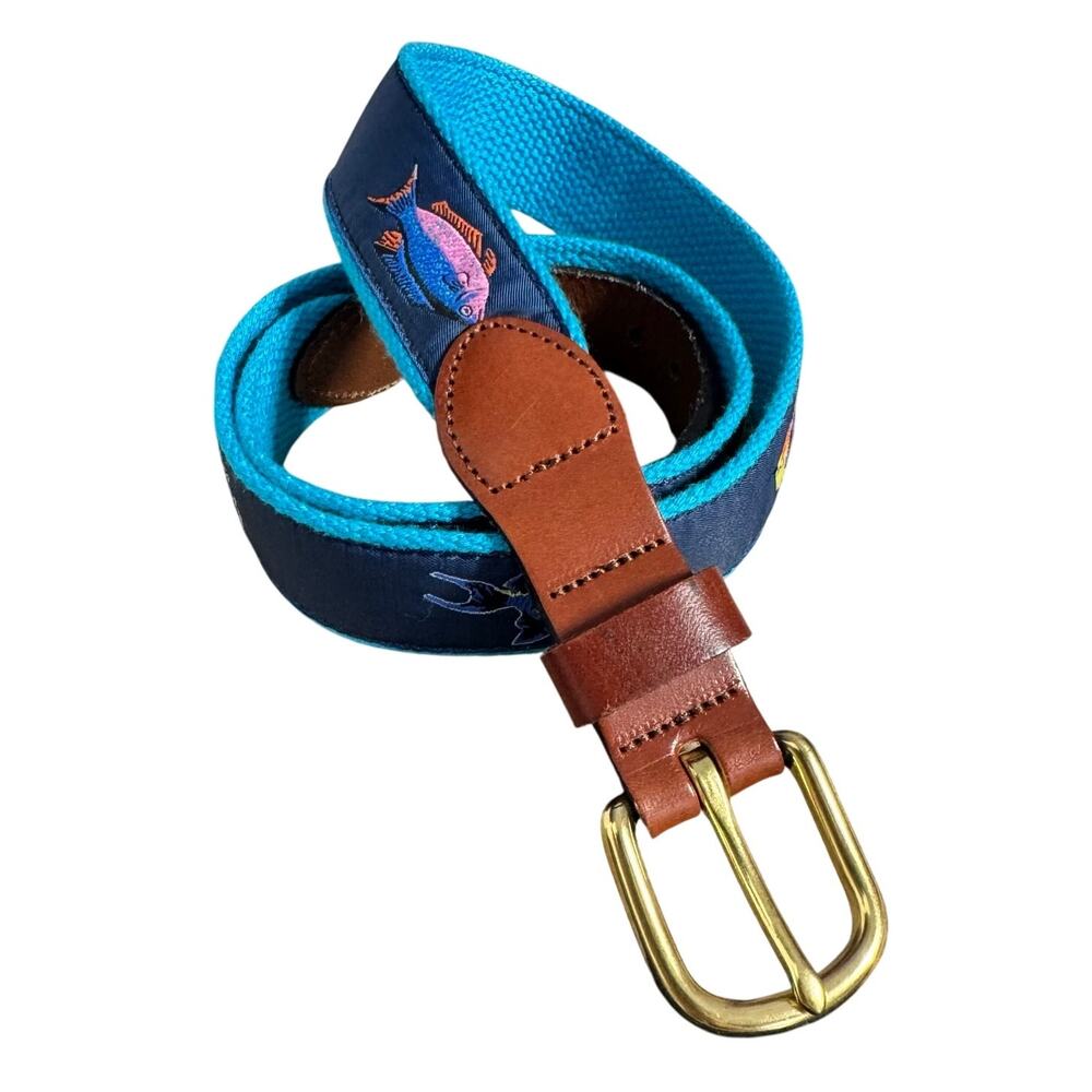 Leather Man Ltd Fish Motif Canvas Belt Leather 36 Brass Buckle USA Preppy Coast‎